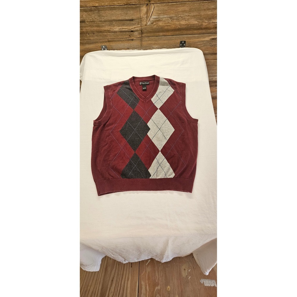 Pro Tour Mens Argyle Sweater Vest Burgundy Red Gray 100% Cotton V-Neck‎ Large